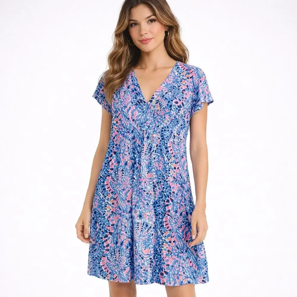 Lilly Pulitzer Duval Tic Tac Tile V-Neck Mini T-Shirt Dress Blue Pink S - Picture 1 of 9